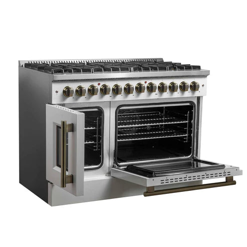 FORNO - Galiano 48-inch French Door Dual Fuel Range, White &amp; Antique Brass Design, 8 Sealed Burners - 107,000 BTU, Griddle, 6.58 cu.ft. Double Ovens