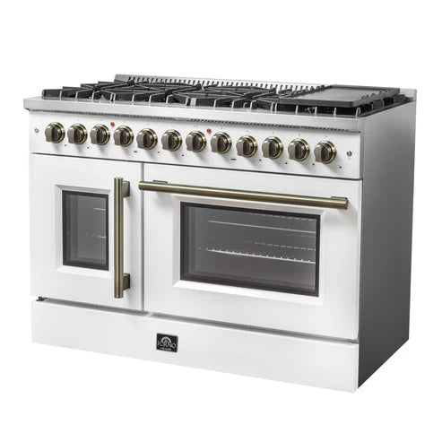 FORNO - Galiano 48-inch French Door Dual Fuel Range, White &amp; Antique Brass Design, 8 Sealed Burners - 107,000 BTU, Griddle, 6.58 cu.ft. Double Ovens