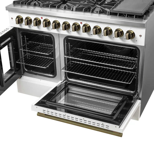 FORNO - Galiano 48-inch French Door Dual Fuel Range, White &amp; Antique Brass Design, 8 Sealed Burners - 107,000 BTU, Griddle, 6.58 cu.ft. Double Ovens