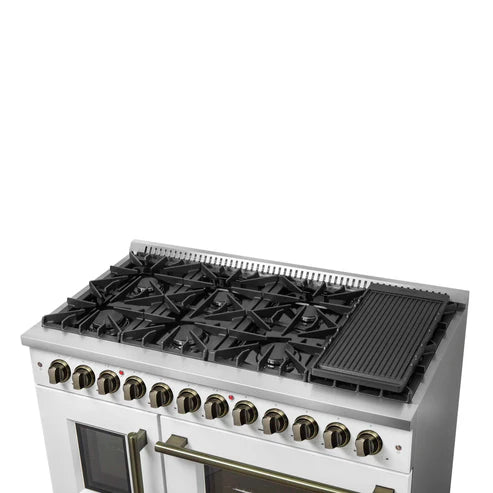 FORNO - Galiano 48-inch French Door Dual Fuel Range, White &amp; Antique Brass Design, 8 Sealed Burners - 107,000 BTU, Griddle, 6.58 cu.ft. Double Ovens
