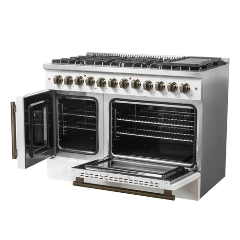 FORNO - Galiano 48-inch French Door Dual Fuel Range, White &amp; Antique Brass Design, 8 Sealed Burners - 107,000 BTU, Griddle, 6.58 cu.ft. Double Ovens