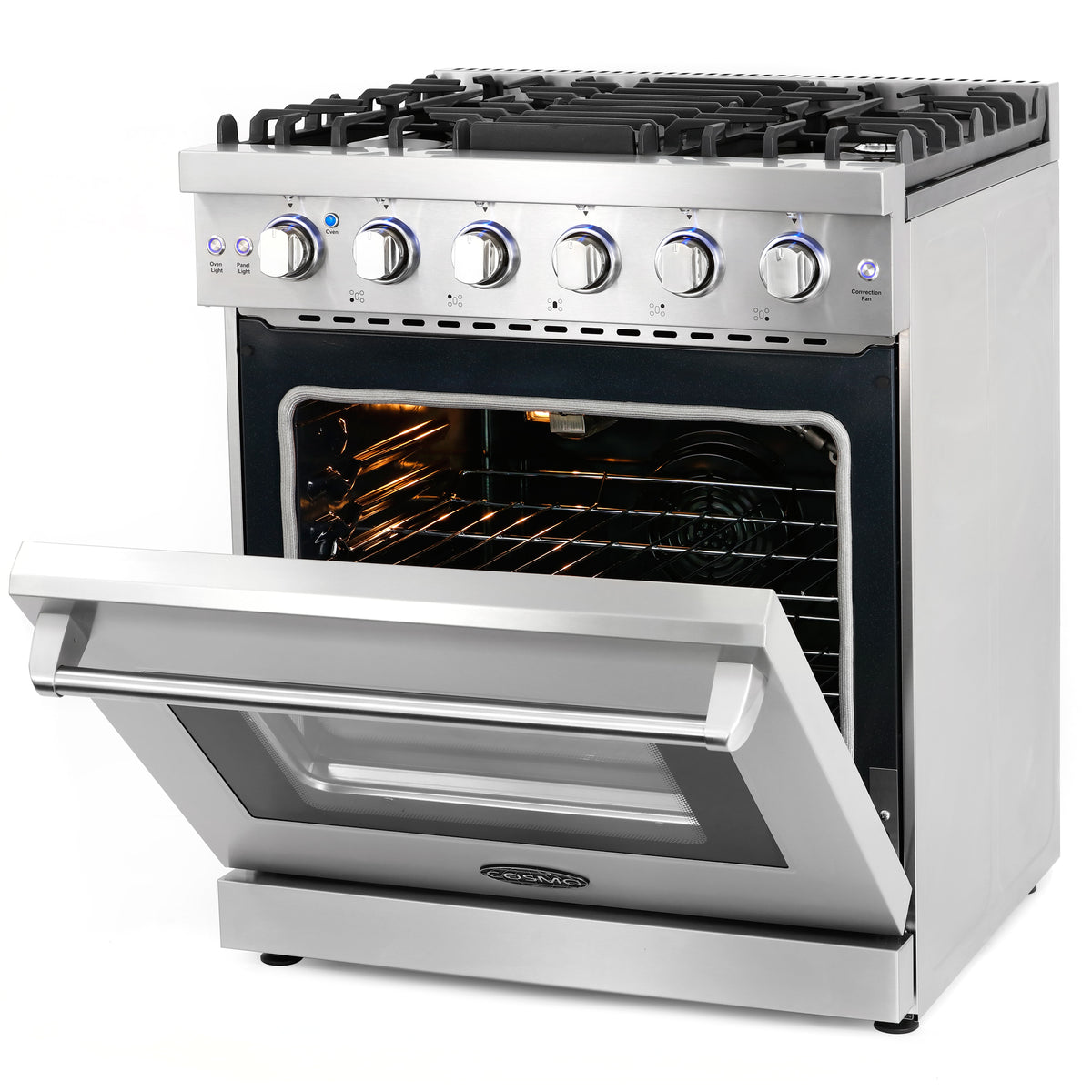 Cosmo 30 in. Slide-In Freestanding Gas Range with 5 Sealed Burners, Cast Iron Grates, 4.5 cu. ft. Capacity Convection Oven in Stainless Steel