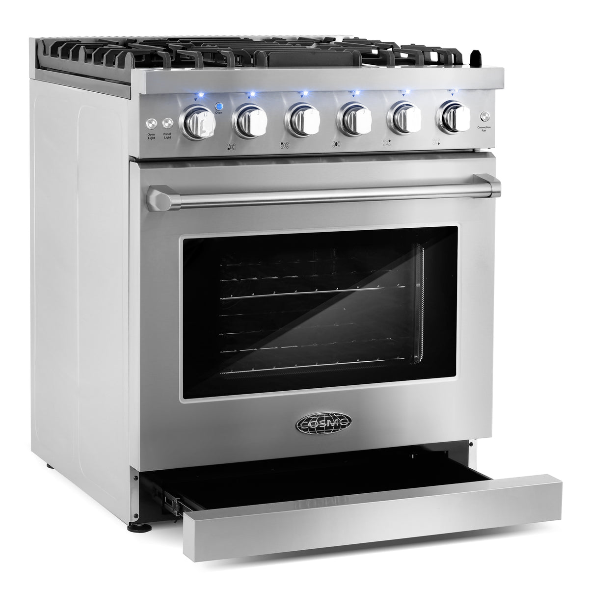 Cosmo 30 in. Slide-In Freestanding Gas Range with 5 Sealed Burners, Cast Iron Grates, 4.5 cu. ft. Capacity Convection Oven in Stainless Steel