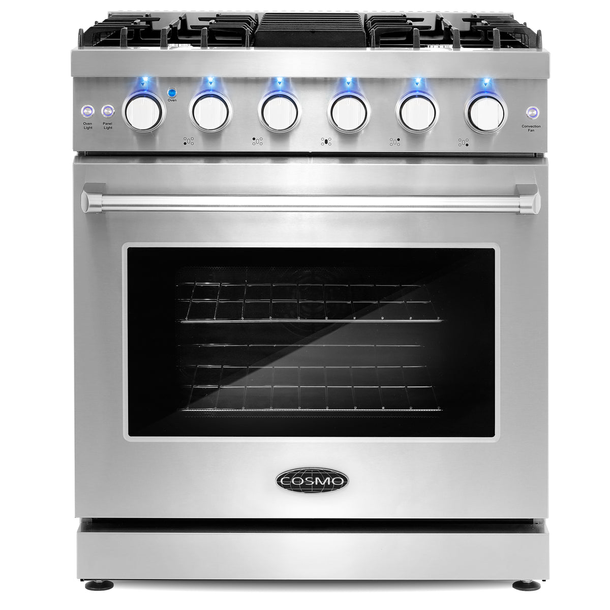 Cosmo 30 in. Slide-In Freestanding Gas Range with 5 Sealed Burners, Cast Iron Grates, 4.5 cu. ft. Capacity Convection Oven in Stainless Steel