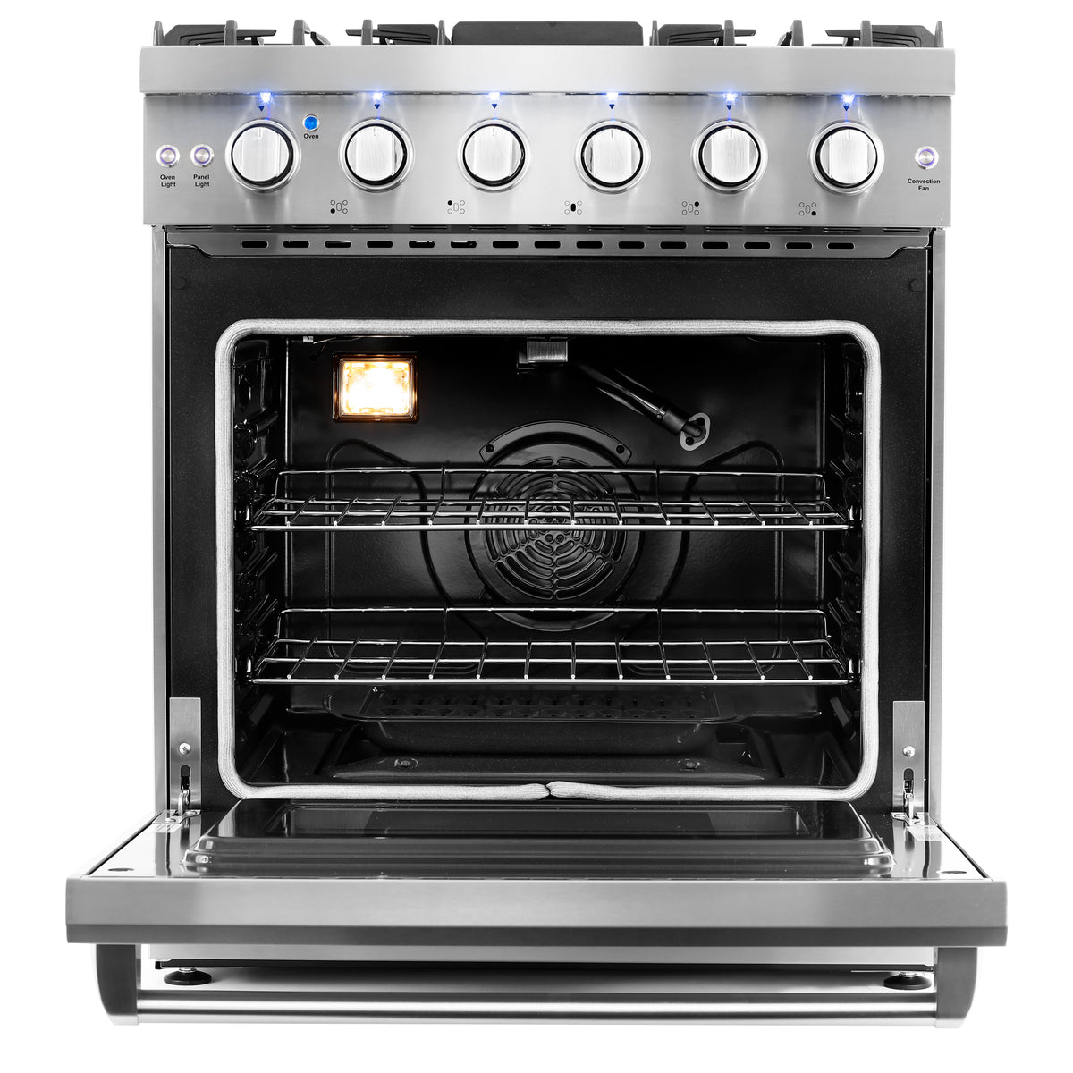 Cosmo 30 in. Slide-In Freestanding Gas Range with 5 Sealed Burners, Cast Iron Grates, 4.5 cu. ft. Capacity Convection Oven in Stainless Steel