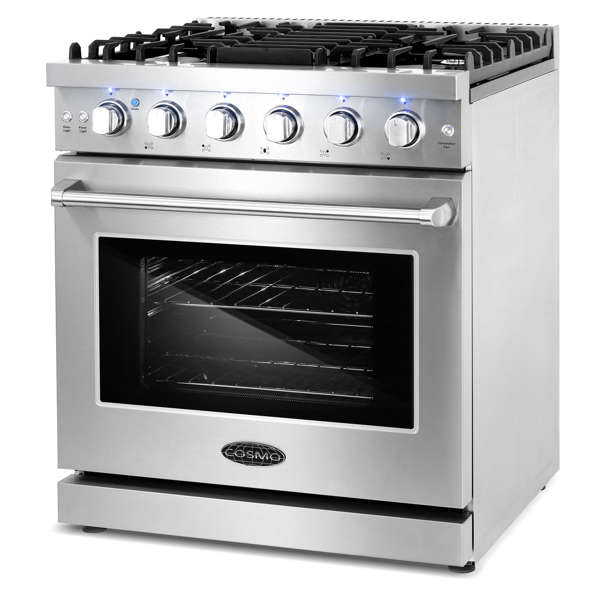 Cosmo 30 in. Slide-In Freestanding Gas Range with 5 Sealed Burners, Cast Iron Grates, 4.5 cu. ft. Capacity Convection Oven in Stainless Steel