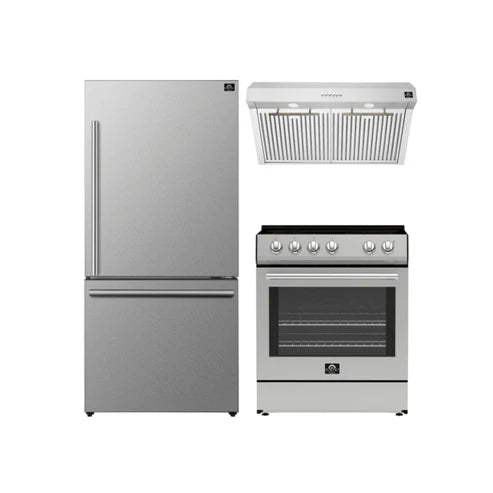 FORNO - Premium 3-Piece Kitchen Bundle - Leonardo Espresso 30&quot; Stainless Steel Range, 31&quot; Stainless Steel Bottom Freezer Refrigerator, 30&quot; Stainless Steel Under Cabinet Range Hood - FBDL-001-01US