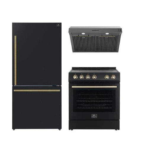 FORNO - Premium 3-Piece Kitchen Bundle - Leonardo Espresso 30&quot; Black Range, 30&quot; Black Range Hood, 31&quot; Black Bottom Freezer Refrigerator - FBDL-001-02US