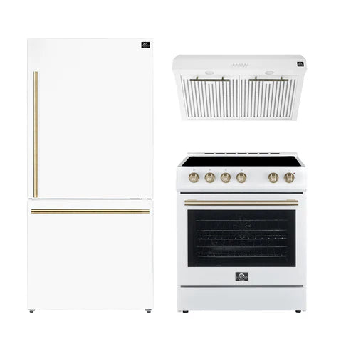 FORNO - Premium 3-Piece Kitchen Bundle - Leonardo Espresso 30&quot; White Range, 30&quot; White Range Hood, 31&quot; White Bottom Freezer Refrigerator - FBDL-001-03US