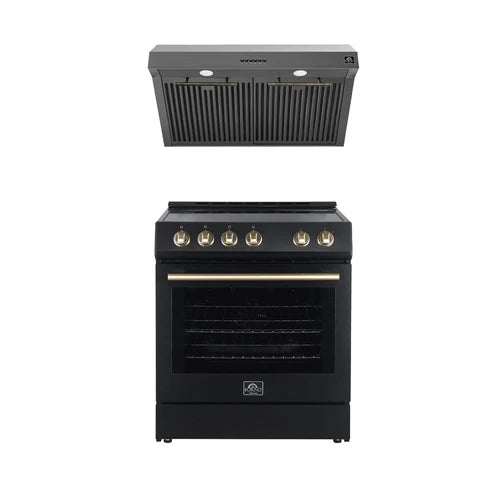 FORNO - Premium 2-Piece Kitchen Bundle - Leonardo Espresso 30&quot; Black Range, 30&quot; Black Range Hood - FBDL-002-02US