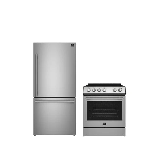 FORNO - Premium 2-Piece Kitchen Bundle - Leonardo Espresso 30&quot; Stainless Steel Range, 31&quot; Stainless Steel Bottom Freezer Refrigerator - FBDL-003-01US