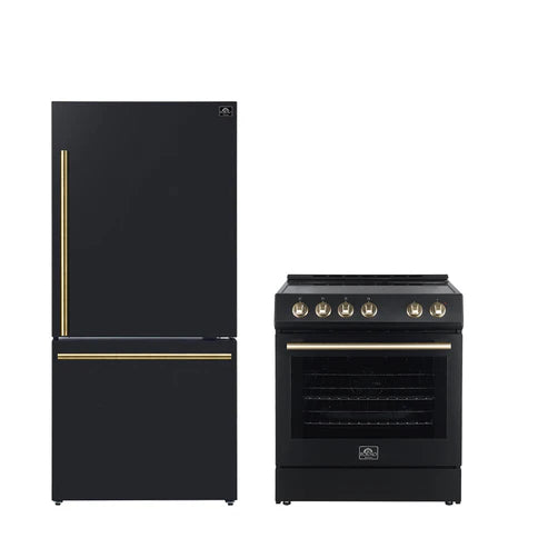 FORNO - Premium 2-Piece Kitchen Bundle - Leonardo Espresso 30&quot; Black Range, 31&quot; Black Bottom Freezer Refrigerator - FBDL-003-02US