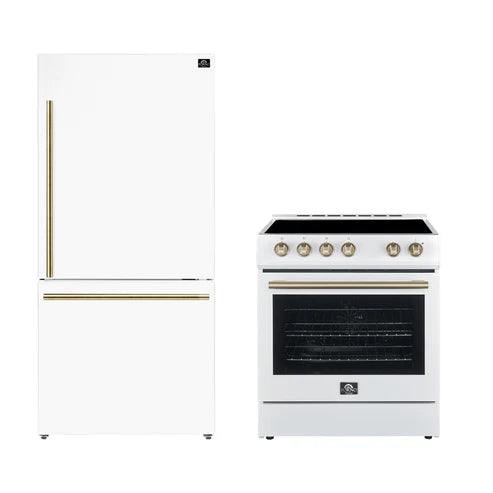 FORNO - Premium 2-Piece Kitchen Bundle - Leonardo Espresso 30&quot; White Range, 31&quot; White Bottom Freezer Refrigerator - FBDL-003-03US