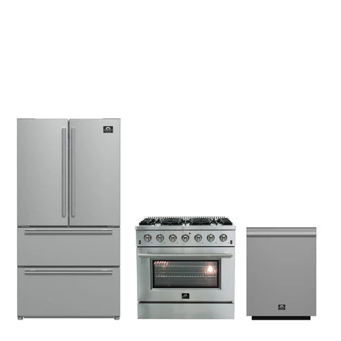 FORNO - Premium 3-Piece Kitchen Bundle - Galiano 36&quot; Gas Range, 36&quot; Built-In Refrigerator, 24&quot; Built-In Dishwasher - FBDL-004-01CAUS