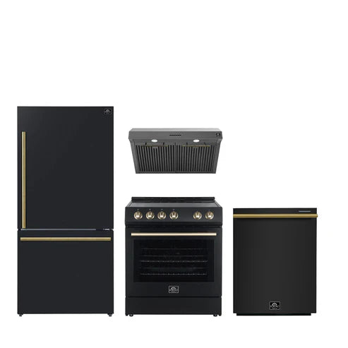 FORNO - Premium 4-Piece Kitchen Bundle - Leonardo Espresso 30&quot; Black Electric Range, 30&quot; Black Range Hood, 31&quot; Black Bottom Freezer Refrigerator, 24&quot; Black Built-In Dishwasher - FBDL-006-02US