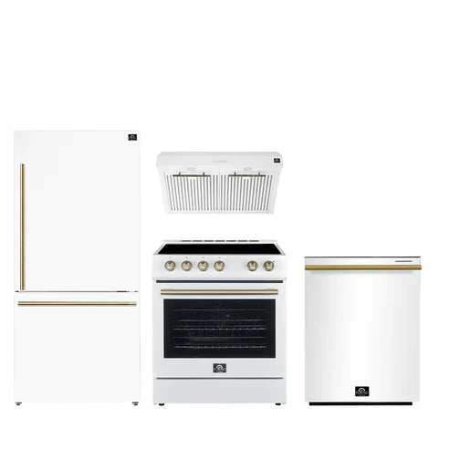 FORNO - Premium 4-Piece Kitchen Bundle - Leonardo Espresso 30&quot; White Range, 30&quot; White Range Hood, 31&quot; White Bottom Freezer Refrigerator, 24&quot; White Built-In Dishwasher - FBDL-006-03US
