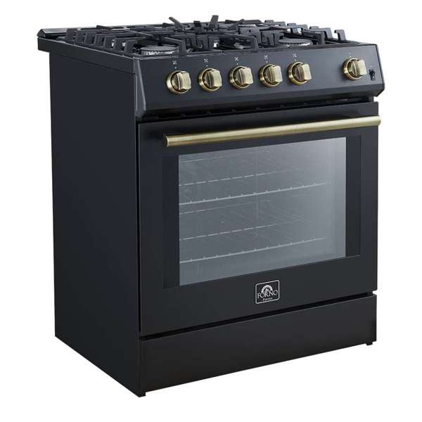 FORNO - Leonardo Espresso 30&quot; Black Gas Range, 5 Burners, 39 500 BTU, 5 cu.ft. Convection Oven