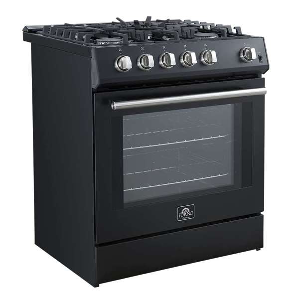FORNO - Leonardo Espresso 30&quot; Black Gas Range, 5 Burners, 39 500 BTU, 5 cu.ft. Convection Oven
