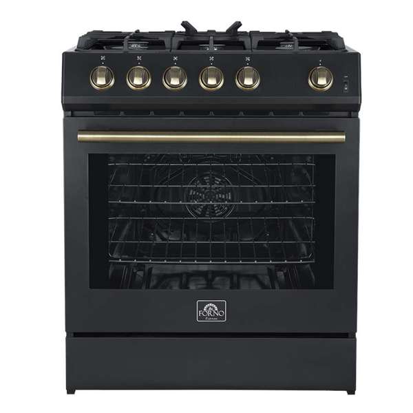 FORNO - Leonardo Espresso 30&quot; Black Gas Range, 5 Burners, 39 500 BTU, 5 cu.ft. Convection Oven