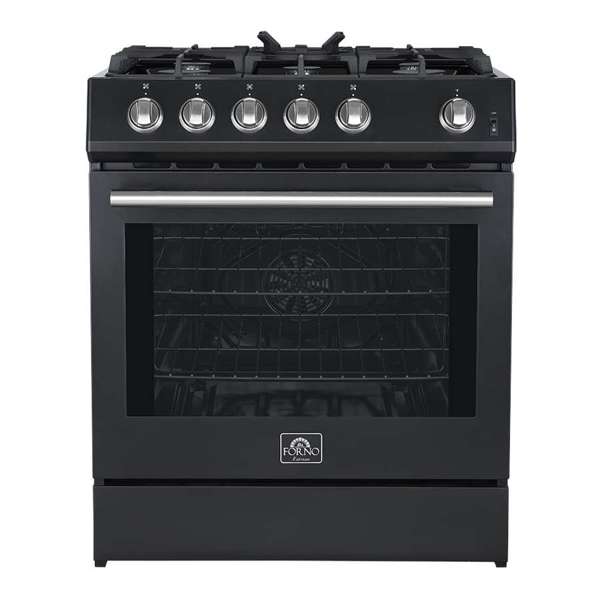 FORNO - Leonardo Espresso 30&quot; Black Gas Range, 5 Burners, 39 500 BTU, 5 cu.ft. Convection Oven