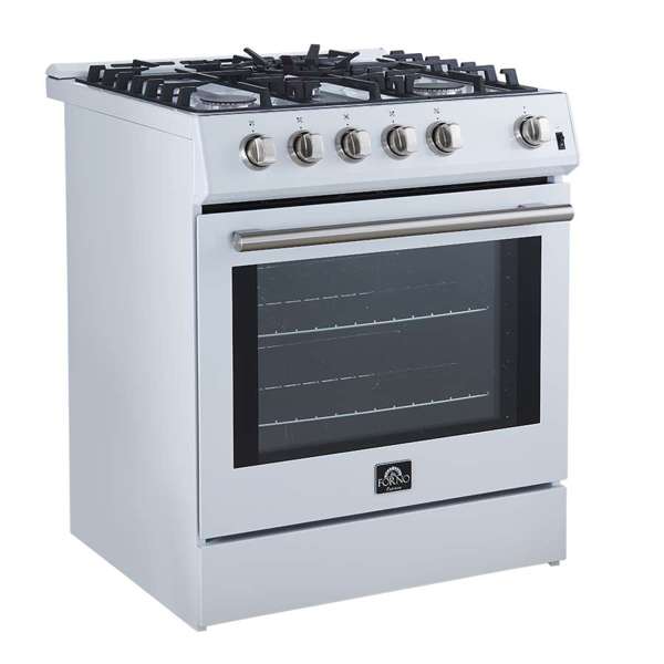 FORNO - Leonardo Espresso 30&quot; White Gas Range, 5 Burners, 39 500 BTU, 5 cu.ft. Convection Oven