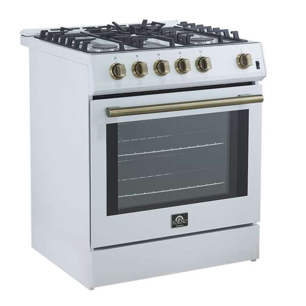 FORNO - Leonardo Espresso 30&quot; White Gas Range, 5 Burners, 39 500 BTU, 5 cu.ft. Convection Oven
