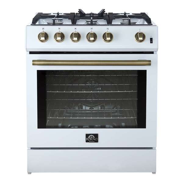 FORNO - Leonardo Espresso 30&quot; White Gas Range, 5 Burners, 39 500 BTU, 5 cu.ft. Convection Oven