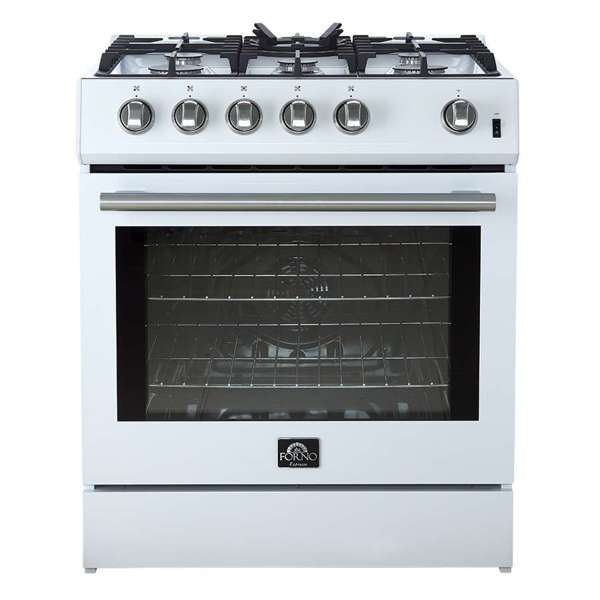 FORNO - Leonardo Espresso 30&quot; White Gas Range, 5 Burners, 39 500 BTU, 5 cu.ft. Convection Oven
