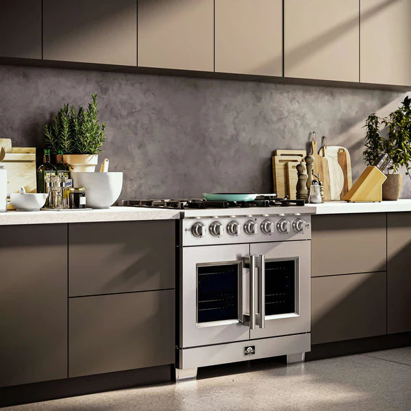 FORNO - Capriasca 36-Inch Freestanding French Door Gas Range, 6 Burners, Convection Oven, Energy Efficient