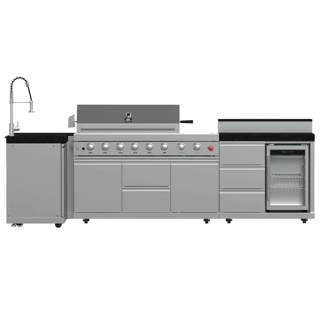 FORNO - Bulnes 40-Inch BBQ, 95,000 BTU, 5 Burners, Sear &amp; Rotisserie Infrared with Side Burner, Stainless Steel Outdoor Kitchen with 1.8 cu.ft. Beverage Center &amp; Black Granite Countertops