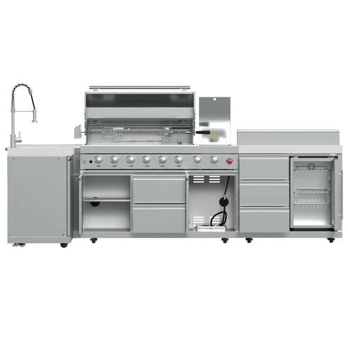 FORNO - Bulnes 40-Inch BBQ, 95,000 BTU, 5 Burners, Sear &amp; Rotisserie Infrared with Side Burner, Stainless Steel Outdoor Kitchen with 1.8 cu.ft. Beverage Center &amp; White Sintered Stone Countertops