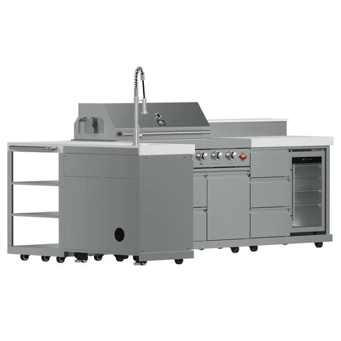 FORNO - Bulnes 40-Inch BBQ, 95,000 BTU, 5 Burners, Sear &amp; Rotisserie Infrared with Side Burner, Stainless Steel Outdoor Kitchen with 1.8 cu.ft. Beverage Center &amp; White Sintered Stone Countertops