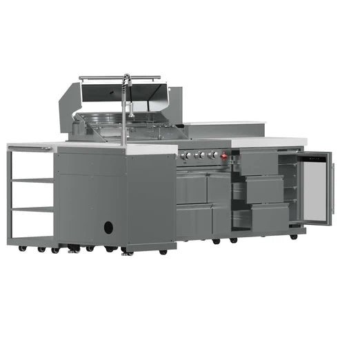 FORNO - Bulnes 40-Inch BBQ, 95,000 BTU, 5 Burners, Sear &amp; Rotisserie Infrared with Side Burner, Stainless Steel Outdoor Kitchen with 1.8 cu.ft. Beverage Center &amp; White Sintered Stone Countertops