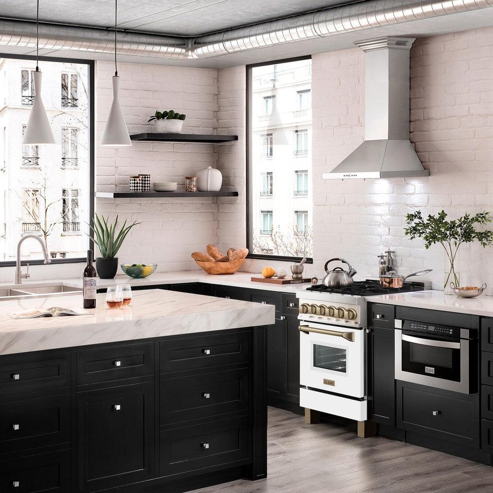 ZLINE - Autograph Edition 24 in. 2.8 cu. ft. Legacy Dual Fuel Range with 4 Burner Gas Cooktop and Electric Convection Oven in Stainless Steel with White Matte Door and Champagne Bronze Accents