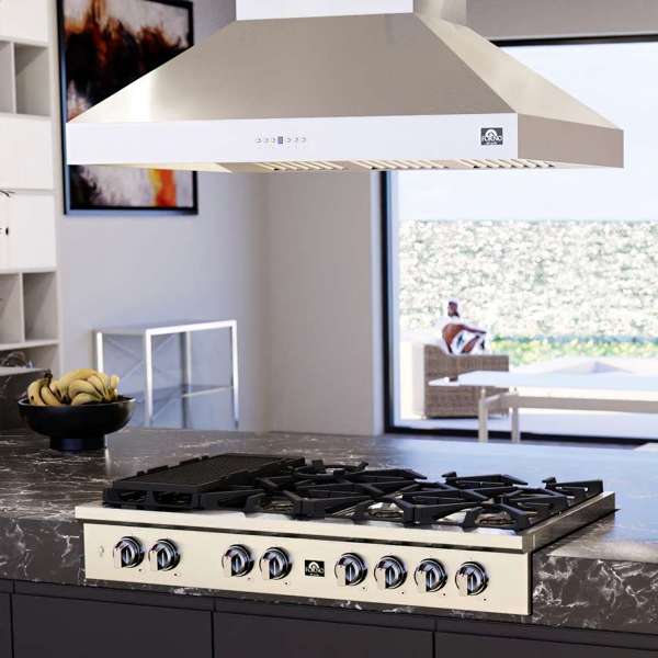 FORNO - Coppito 48-Inch Island Range Hood, Stainless Steel, LED Lighting, Adjustable Fan Speeds