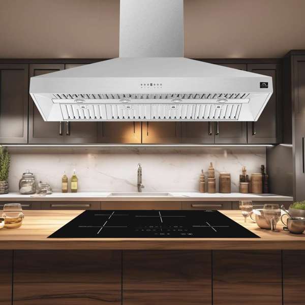 FORNO - Coppito 60-Inch Island Range Hood, Stainless Steel, LED Lighting, Adjustable Fan Speeds