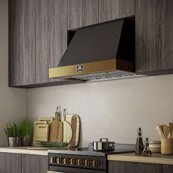 FORNO - Vittorio 36-Inch Wall Mount Range Hood, Black with Antique Brass Trim, 600 CFM Airflow, Dishwasher-Safe Baffle Filters, Remote Control, 3-Speed Fan, Bright LED Lighting