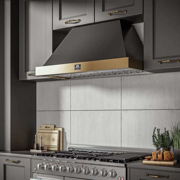 FORNO - Vittorio 48-Inch Wall Mount Range Hood, Black with Antique Brass Trim