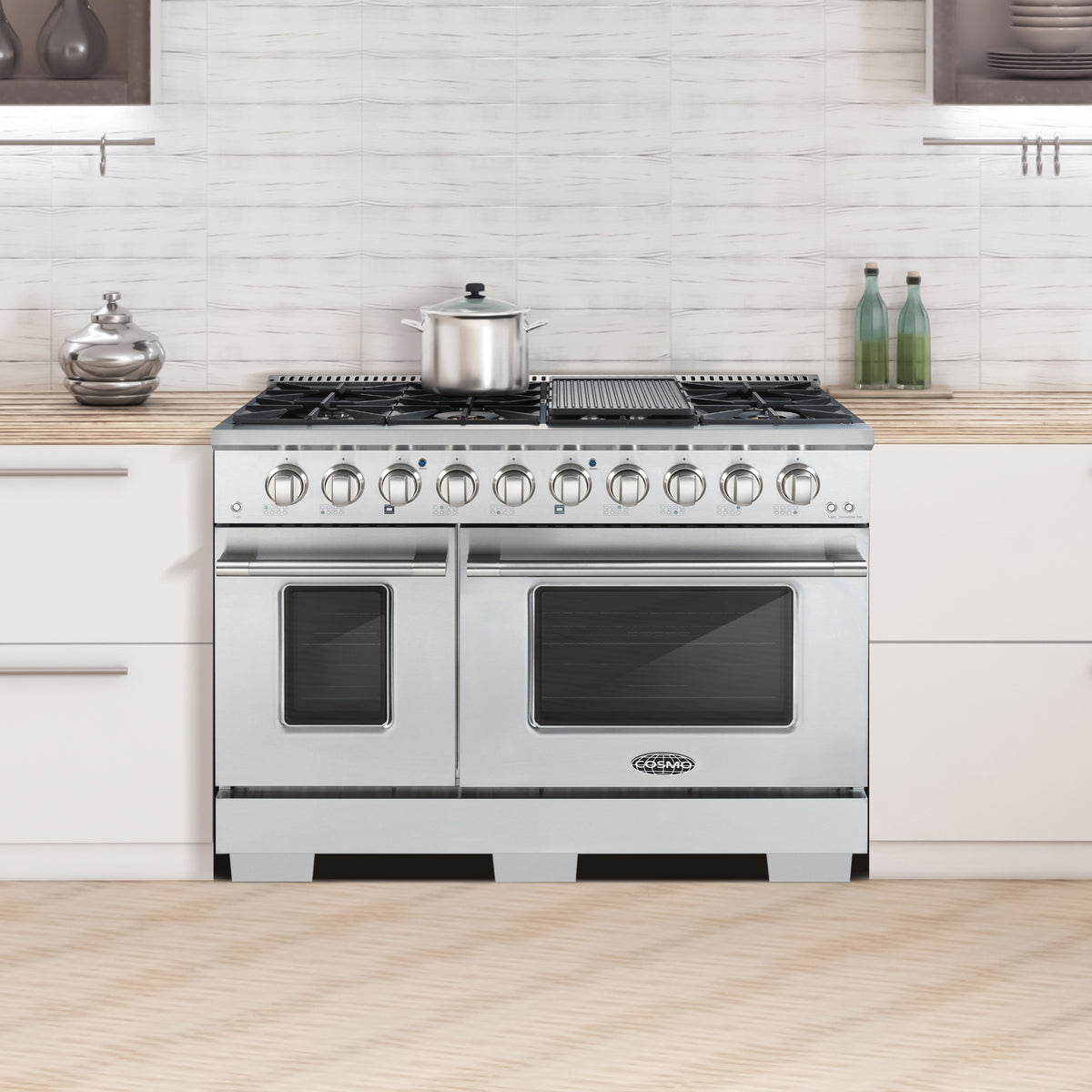 Cosmo Commercial-Style 48 in. 5.5 cu. ft. Double Oven Gas Range with 8 Italian Burners and Heavy Duty Cast Iron Grates in Stainless Steel