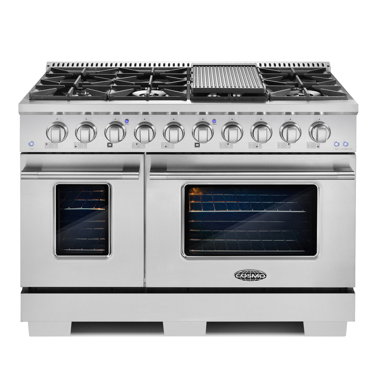 Cosmo Commercial-Style 48 in. 5.5 cu. ft. Double Oven Gas Range with 8 Italian Burners and Heavy Duty Cast Iron Grates in Stainless Steel
