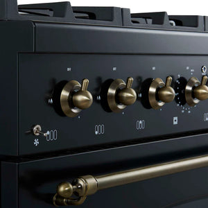 FORNO - Antico 36-Inch Freestanding Gas Range, Black, Antique Brass Design, 6 Burners, Convection Oven, Energy Efficient