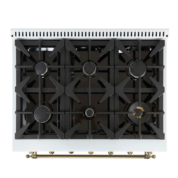 FORNO - Antico 36-Inch Freestanding Gas Range, White, Antique Brass Design, 6 Burners, Convection Oven, Energy Efficient