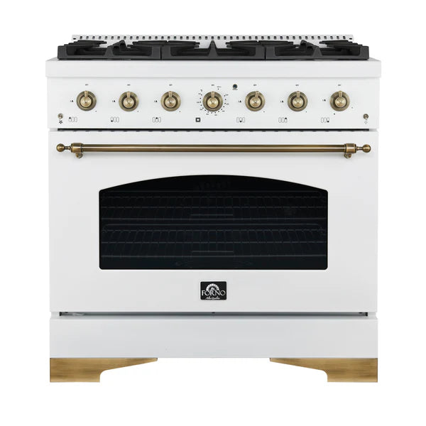 FORNO - Antico 36-Inch Freestanding Gas Range, White, Antique Brass Design, 6 Burners, Convection Oven, Energy Efficient
