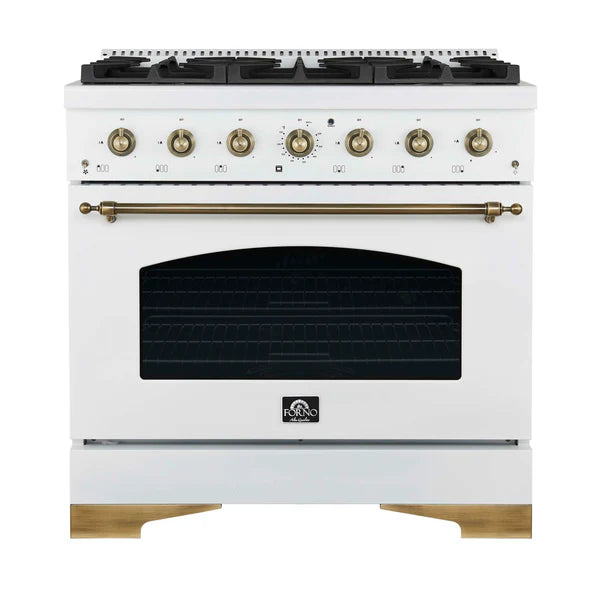 FORNO - Antico 36-Inch Freestanding Gas Range, White, Antique Brass Design, 6 Burners, Convection Oven, Energy Efficient