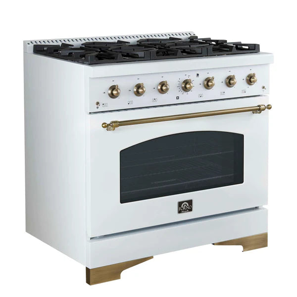 FORNO - Antico 36-Inch Freestanding Gas Range, White, Antique Brass Design, 6 Burners, Convection Oven, Energy Efficient