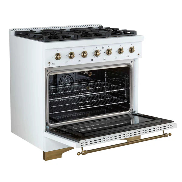FORNO - Antico 36-Inch Freestanding Gas Range, White, Antique Brass Design, 6 Burners, Convection Oven, Energy Efficient