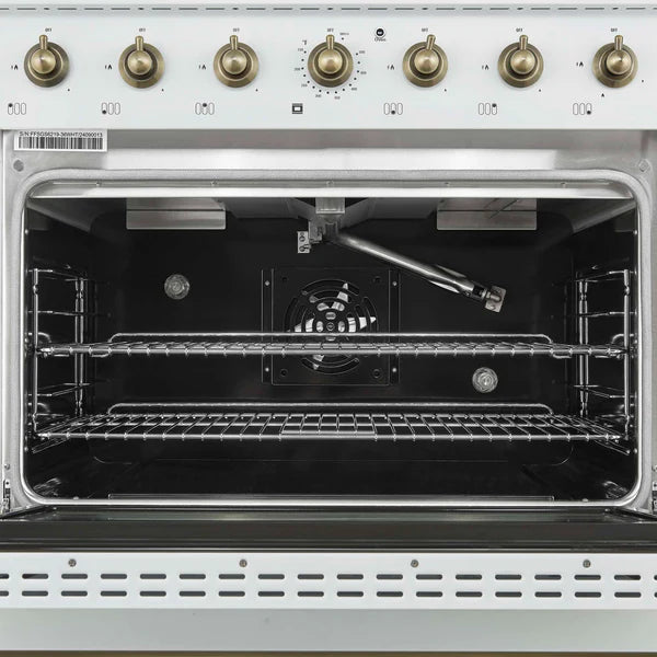 FORNO - Antico 36-Inch Freestanding Gas Range, White, Antique Brass Design, 6 Burners, Convection Oven, Energy Efficient