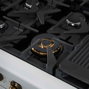 FORNO - Antico 48-Inch Freestanding Gas Range, White, Antique Brass Design, 8 Burners, Griddle, Double Ovens, Energy Efficient