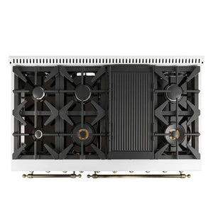 FORNO - Antico 48-Inch Freestanding Gas Range, White, Antique Brass Design, 8 Burners, Griddle, Double Ovens, Energy Efficient