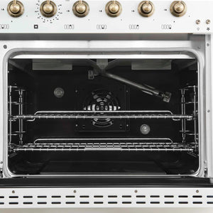 FORNO - Antico 48-Inch Freestanding Gas Range, White, Antique Brass Design, 8 Burners, Griddle, Double Ovens, Energy Efficient